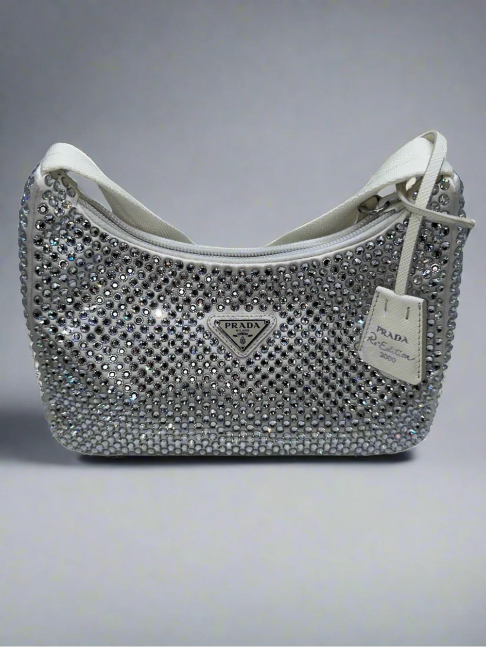 Prada White Crystal-Studded Shoulder Bag